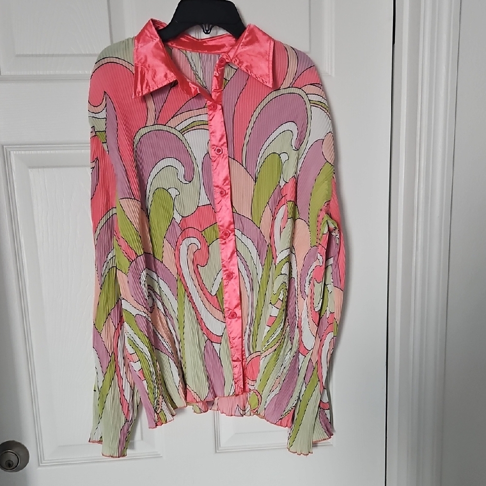 Womens Pink Multi-Print Satin Trim Button-Up Blouse